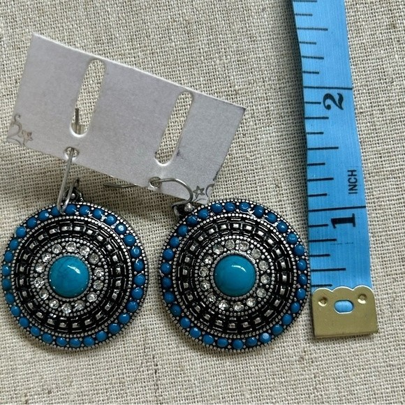 Turquoise and white topaz dangle round earrings - Picture 2 of 6